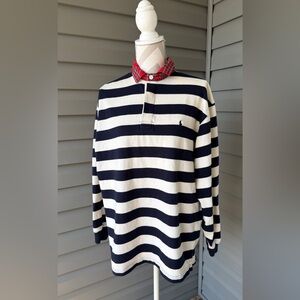 VTG - Polo  Ralph Lauren Rugby Stripes Plaid Collar Navy White Sz M